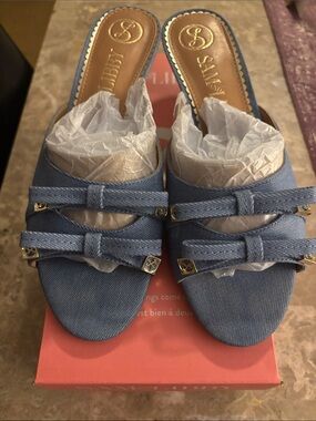 Sam and Libby Blue Denim Double-Strap Slide Mules with Silver Accents